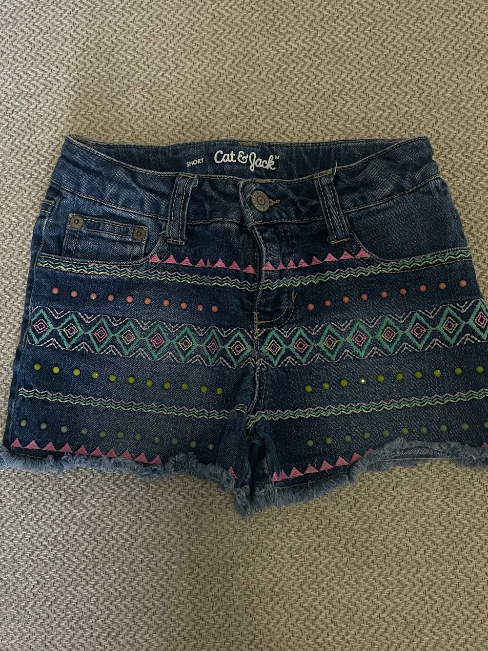 Cat & Jack Dark Blue Denim Shorts with Pink & Green Embroidery